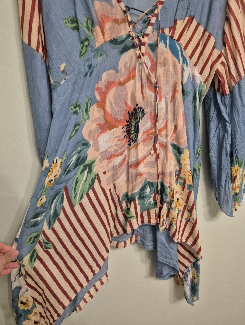 Orange Women's Boho Festival Blue Floral Striped Lace-Up V-Neck Tunic Size S/M - Picture 7 of 11